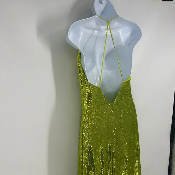 Halston Neon Kiara Green Sequin Deep V-Neck Slip Gown Floor Length Dress Size 10 - Picture 13 of 16